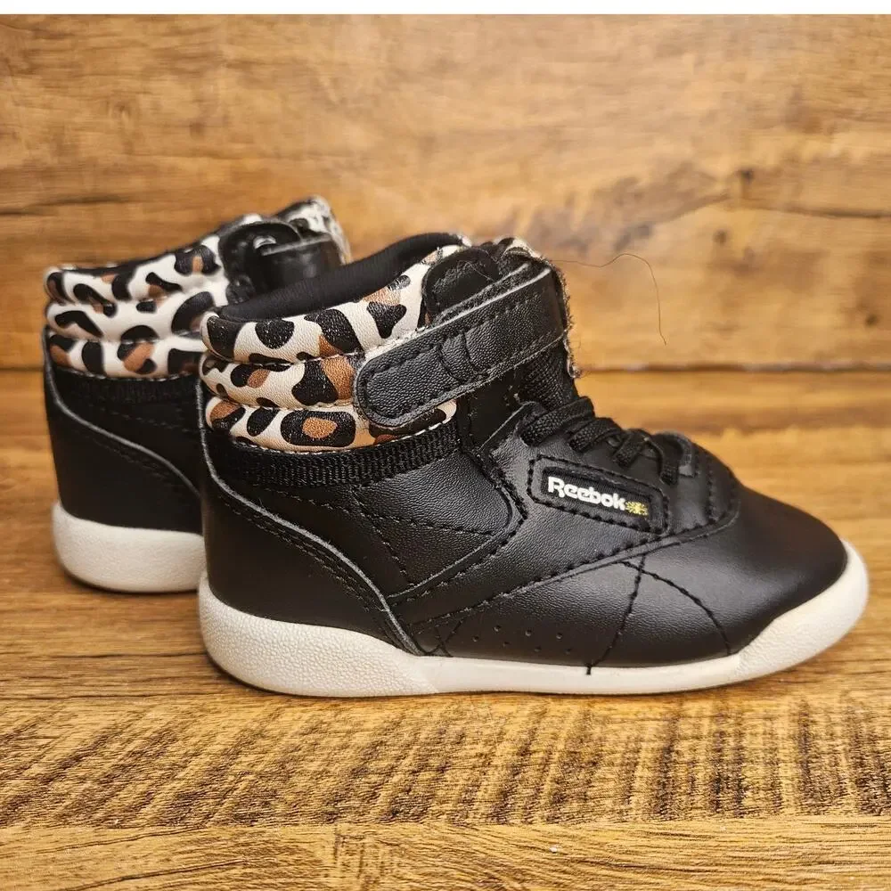Reebok Black Leopard print high top hook loop sneaker size 5